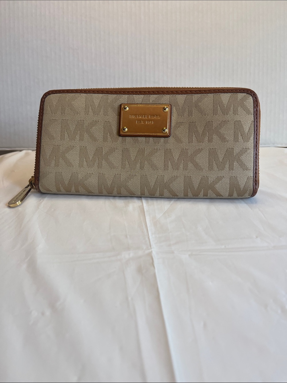 Michael Kors Beige and Brown MK Logo Zip-Around Wallet with Gold plaque